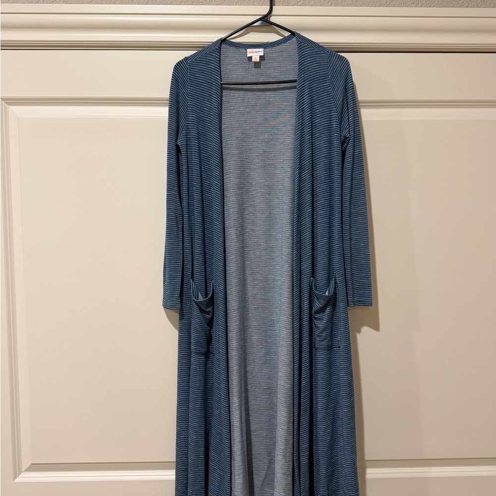 LuLaRoe blue striped long duster cardigan with pockets XS
